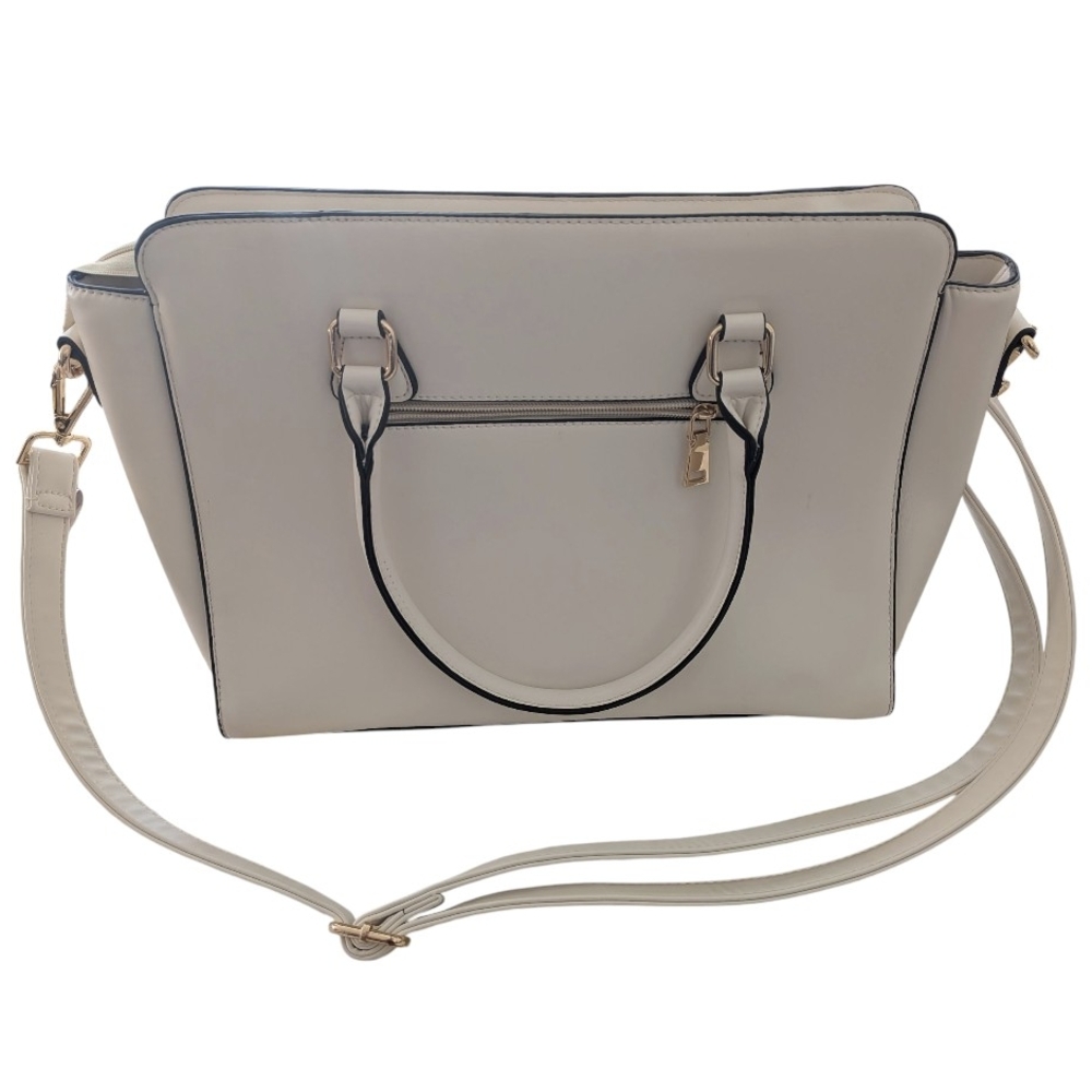 Women's Cream  HandBag with Black Trim and Chain Print Linin
